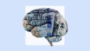 An illustration of a brain superimposed with the texture of a U.S. dollar