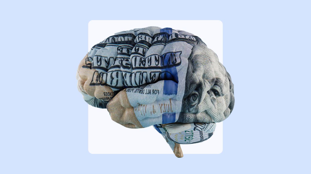 An illustration of a brain superimposed with the texture of a U.S. dollar
