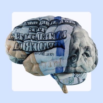 An illustration of a brain superimposed with the texture of a U.S. dollar