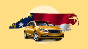 yellow sedan in front of image of North Carolina state outline with NC flag overlay