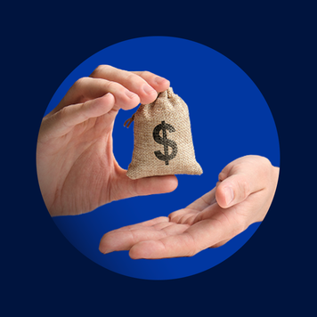 A close-up of two hands, one of them holding a mini money bag