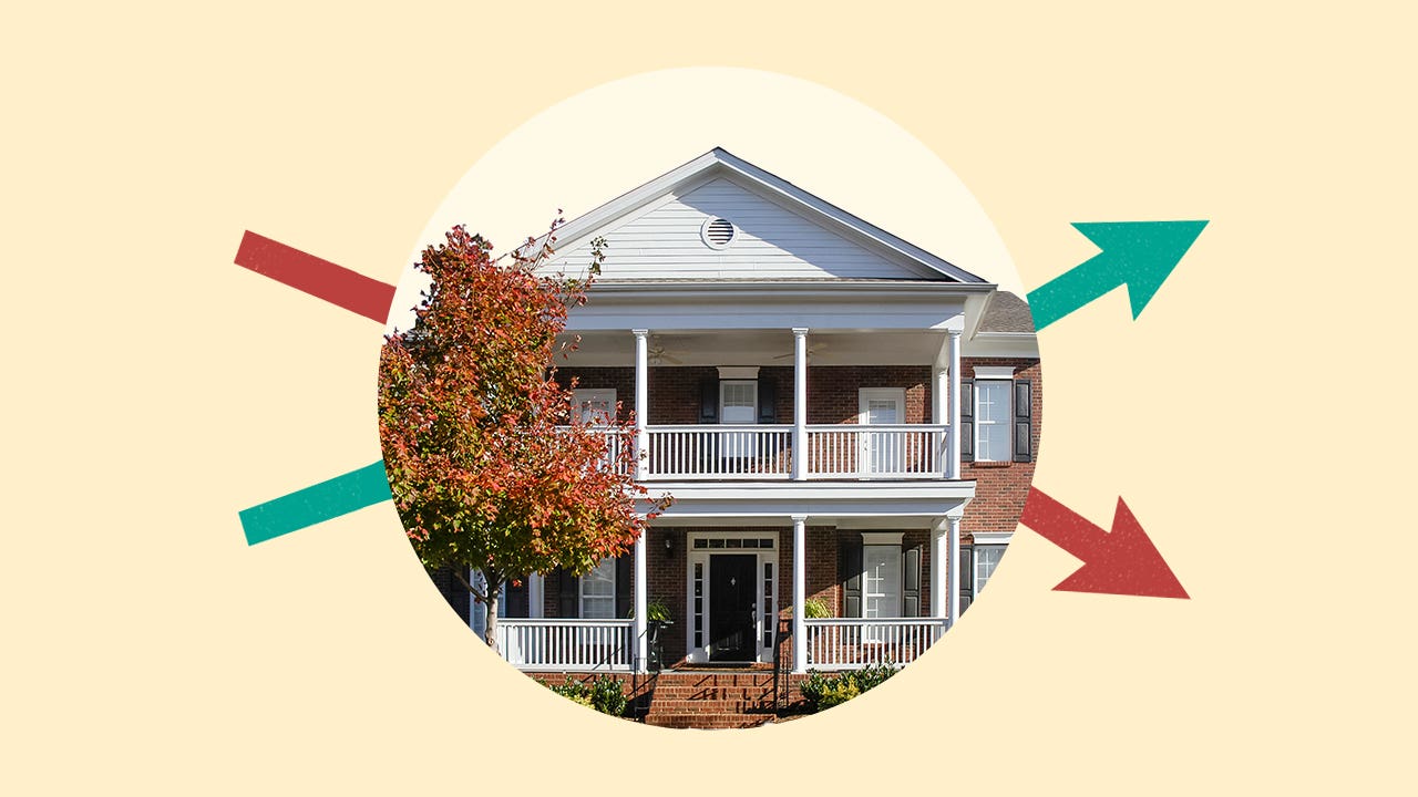 photo illustration of home with green up arrow and red down arrow