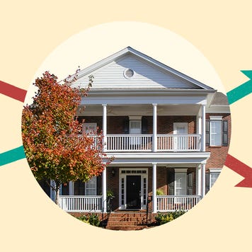 photo illustration of home with green up arrow and red down arrow