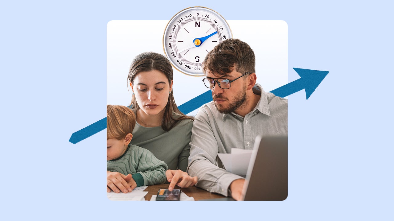 An image depicting parents and a small child sitting at a table with an open laptop, papers, and a calculator sitting on top of it. There is a large compass behind the parents and an arrow pointed to the upper right of the image.