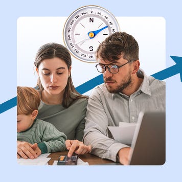 An image depicting parents and a small child sitting at a table with an open laptop, papers, and a calculator sitting on top of it. There is a large compass behind the parents and an arrow pointed to the upper right of the image.