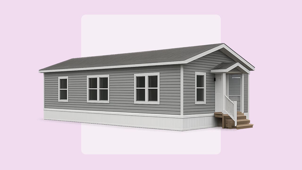 A grey manufactured home