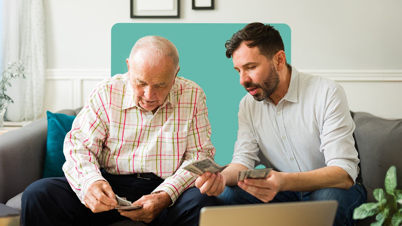 design image of a dada and son talking about money