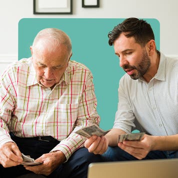 design image of a dada and son talking about money