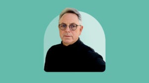 A portrait photo of Bruce Gehrke on an illustrated green illustrated background.