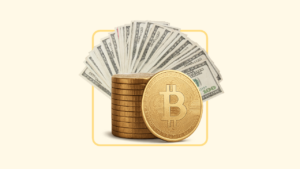 Image of a stack of Bitcoins with a fan of US $100 bills behind. On a light yellow-gold background.