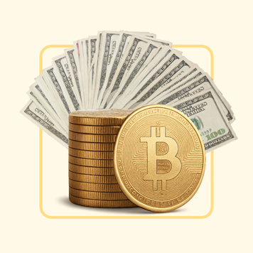 Image of a stack of Bitcoins with a fan of US $100 bills behind. On a light yellow-gold background.