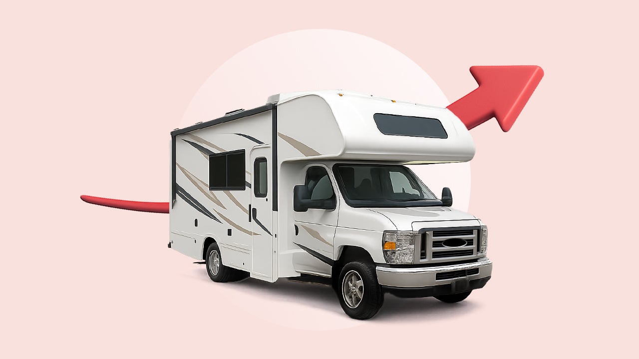 An RV in front of an illustrated arrow