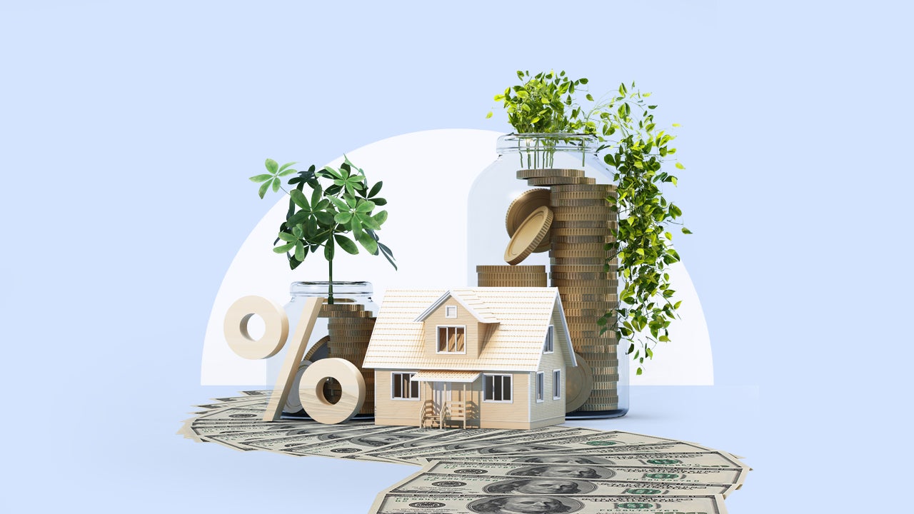 A house with stacks of money.