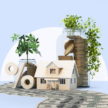 A house with stacks of money.