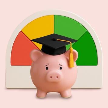 A piggy bank with sad eyes wearing a graduation cap and standing in front of a credit score meter.