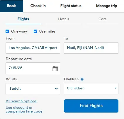 Alaska Airlines booking menu
