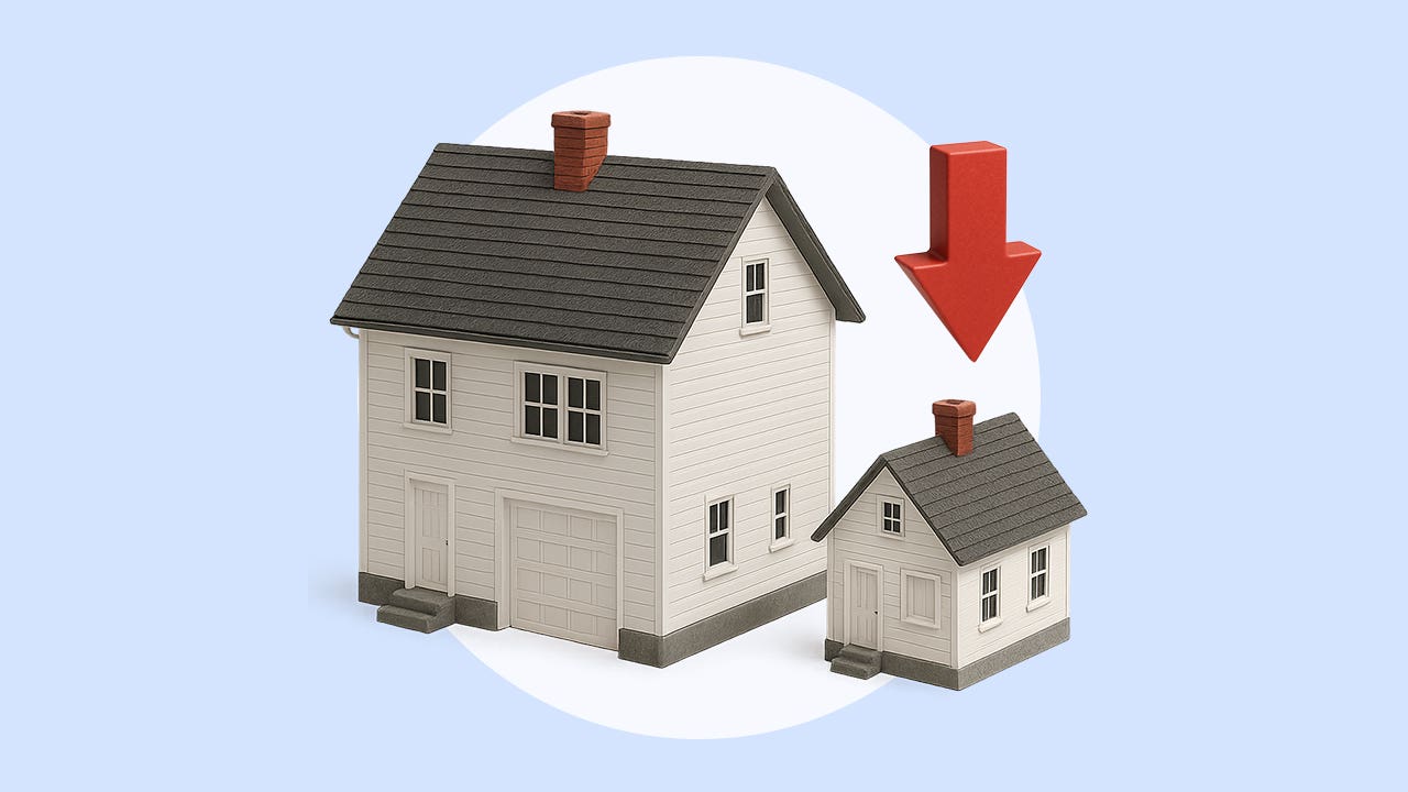 design image of a big house and smaller house with a downward arrow above it