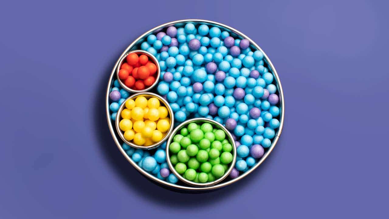 4 section circular pie chart with blue, green, yellow and red sections, purple background