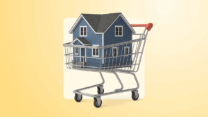 photo illustration of blue house in shopping cart, yellow background