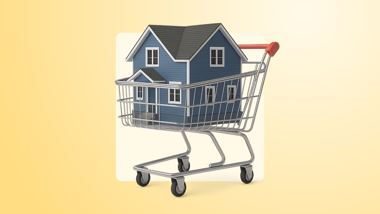 photo illustration of blue house in shopping cart, yellow background