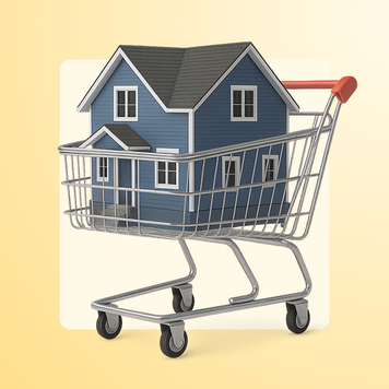 photo illustration of blue house in shopping cart, yellow background