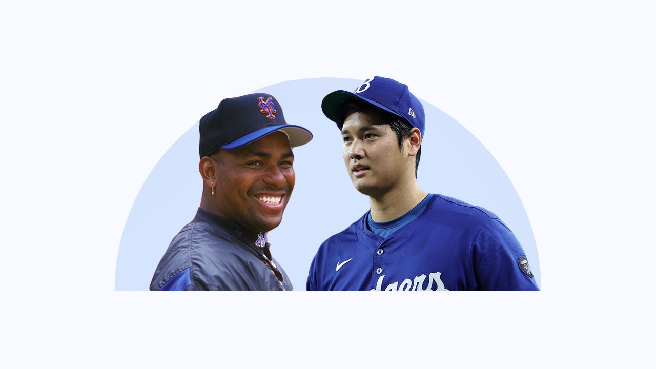 Photos of baseball stars Bobby Bonilla and Shohei Ohtani on a blue half circle background.