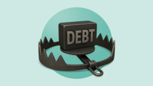 A stylized bear trap with a block that says 'debt' on its center trigger.