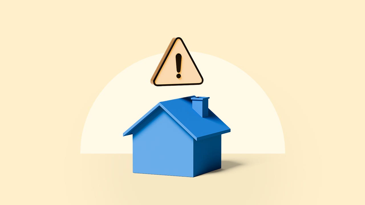 illustration of a blue house with a hazard sign hovering above it
