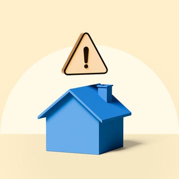 illustration of a blue house with a hazard sign hovering above it