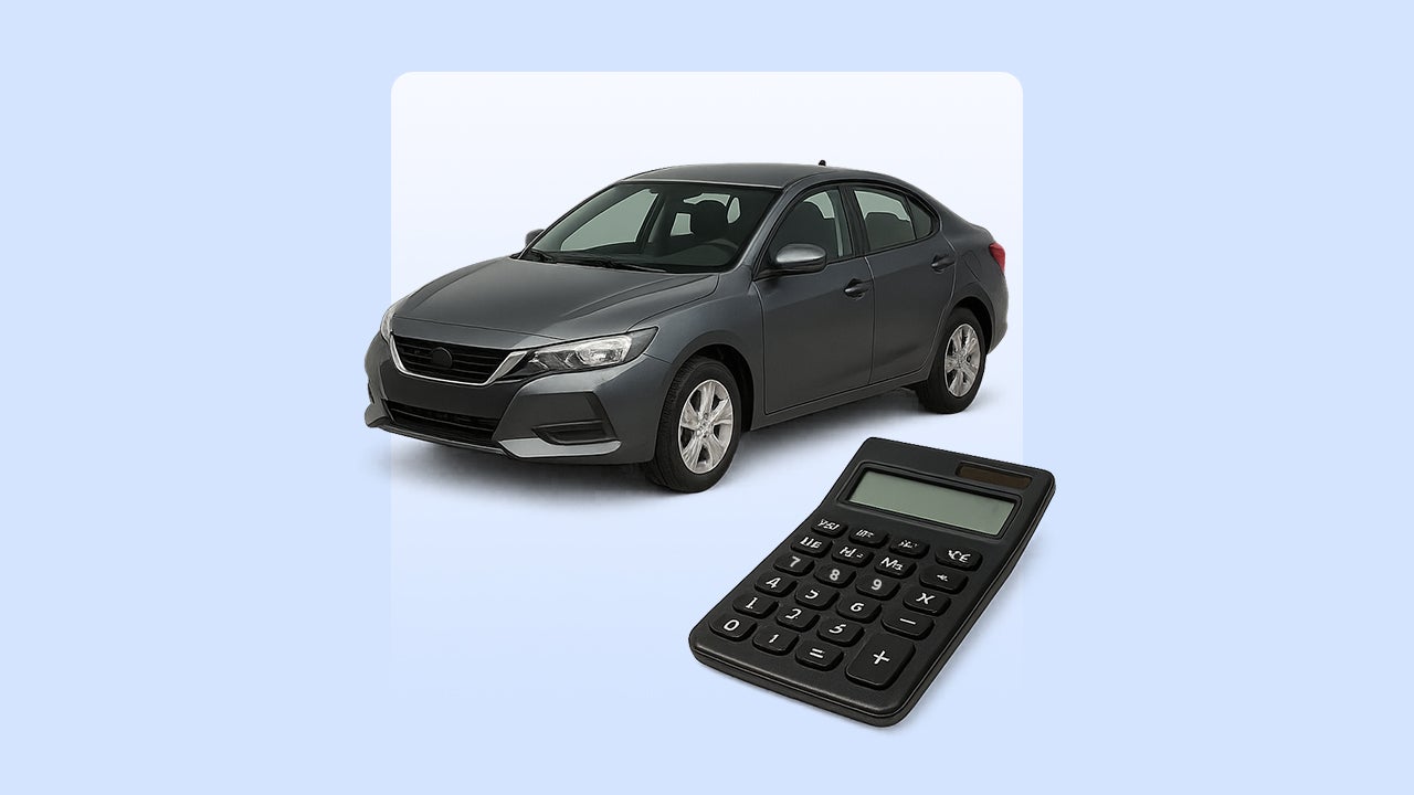 Image of a black sedan and a black calculator set against a blue background.