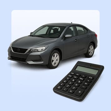 Image of a black sedan and a black calculator set against a blue background.