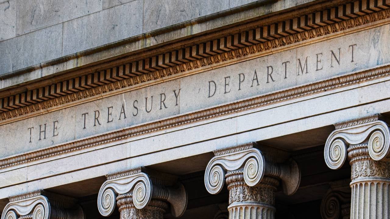 Exterior of the Treasury Department.