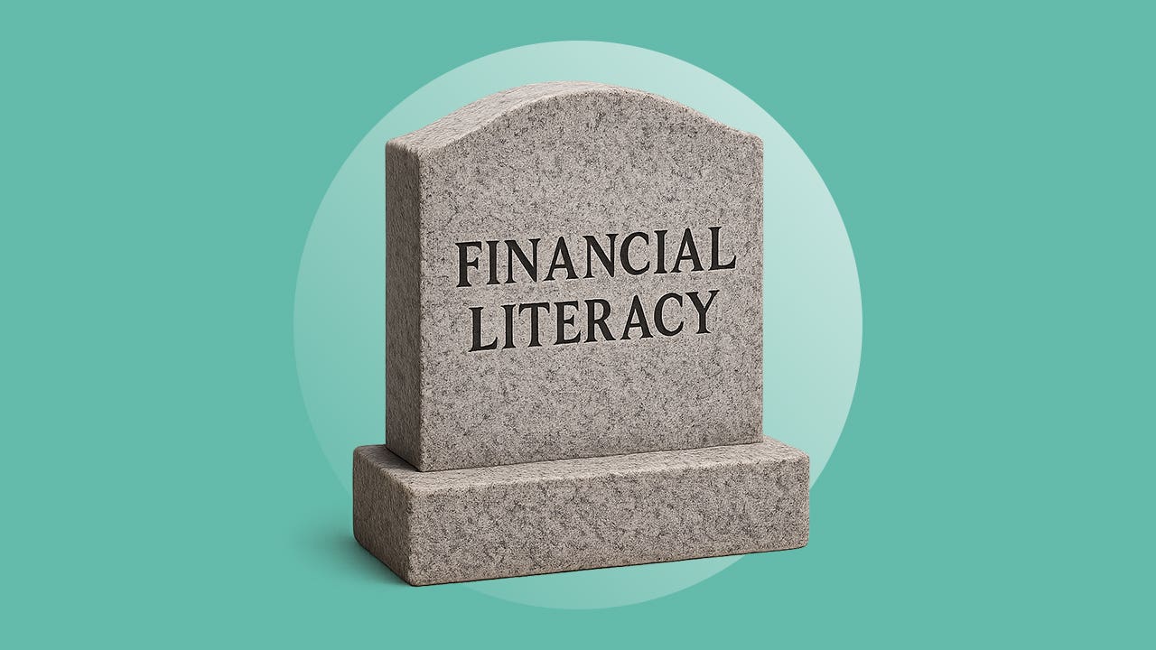 a tombstone with financial literacy words on it