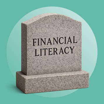 a tombstone with financial literacy words on it