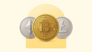 An artist's rendering of three crypto coins on a yellow background.