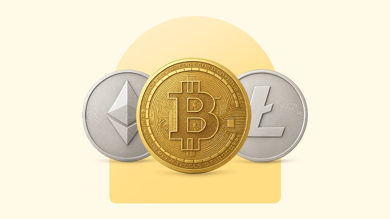 An artist's rendering of three crypto coins on a yellow background.