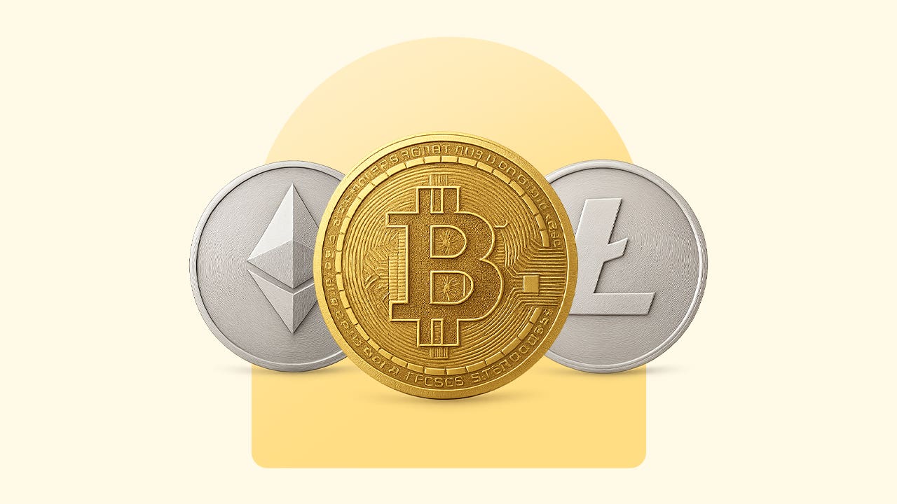 An artist's rendering of three crypto coins on a yellow background.