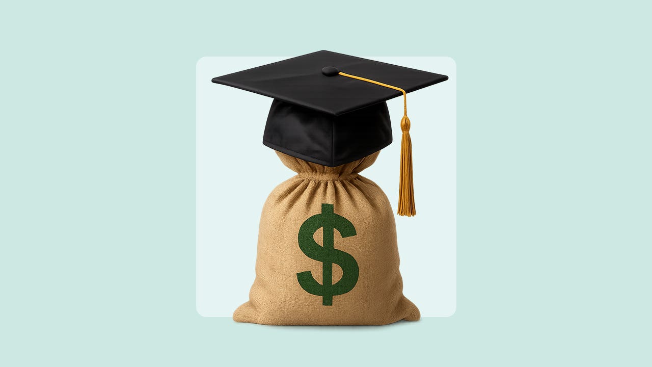 A sack of money with a graduation cap sitting on top.