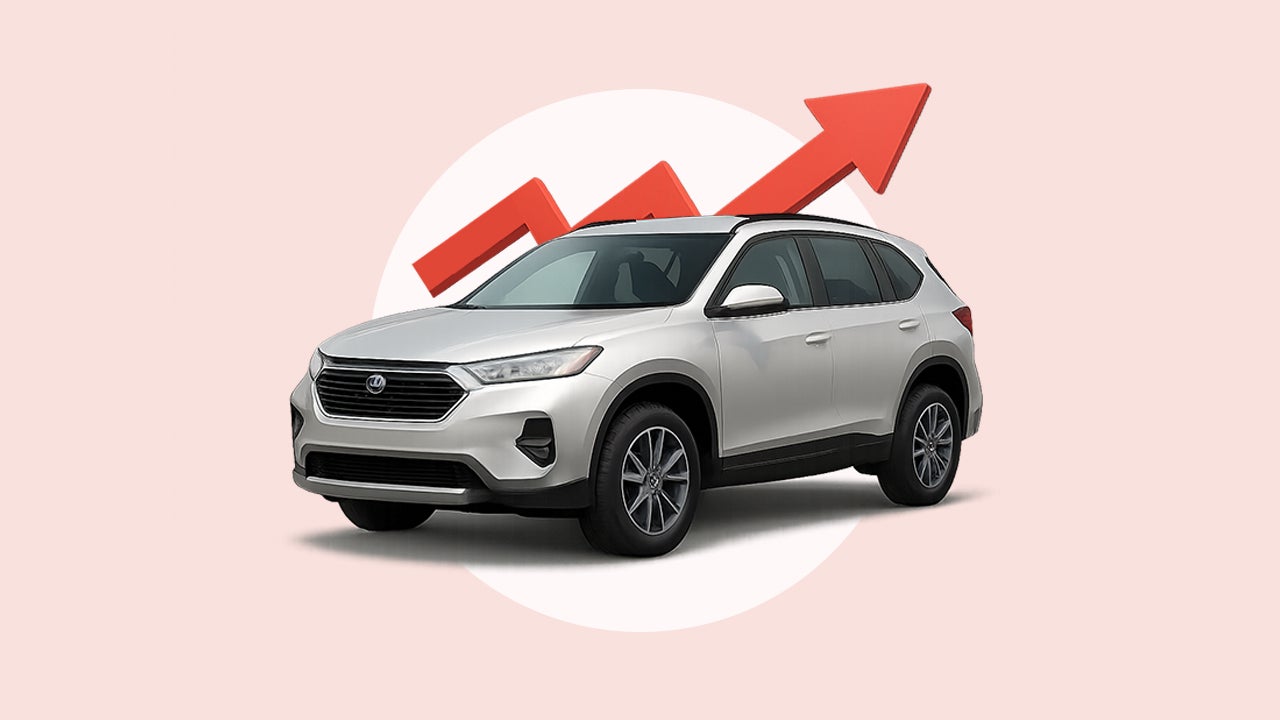 A silver SUV with an arrow going up and to the right behind it.