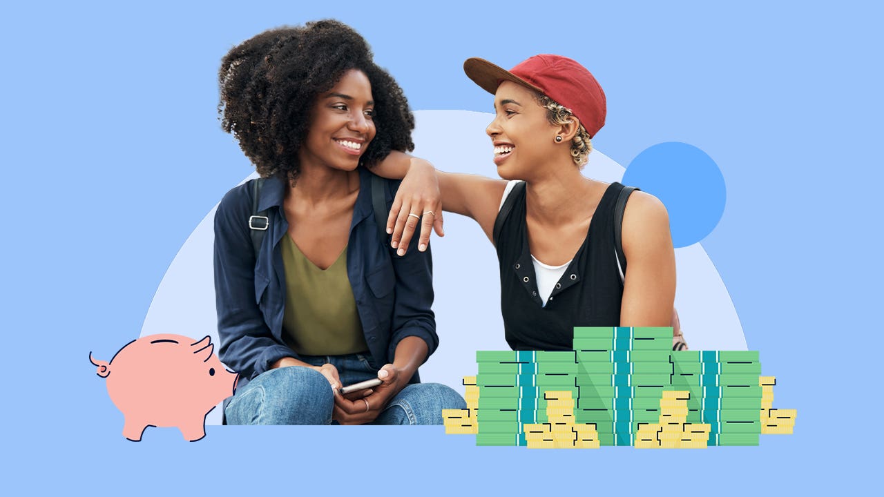 Two Black women smiling at each other. One has her arm draped on the other woman's shoulder. The image is illustrated with a few piles of money and a pink piggy bank.