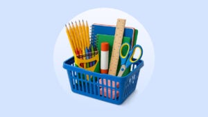 design element displaying school supplies in a basket