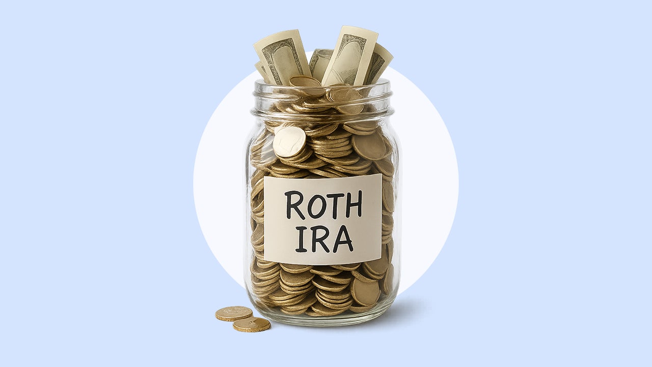 Jar labeled "ROTH IRA" filled with money.