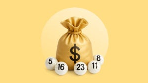 Bag with a dollar sign on it surrounded by five lottery drawing balls.