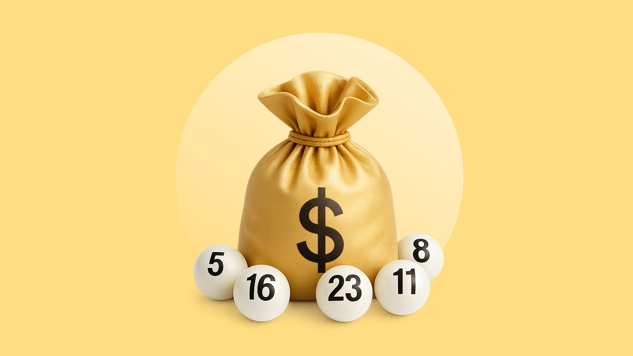 Bag with a dollar sign on it surrounded by five lottery drawing balls.