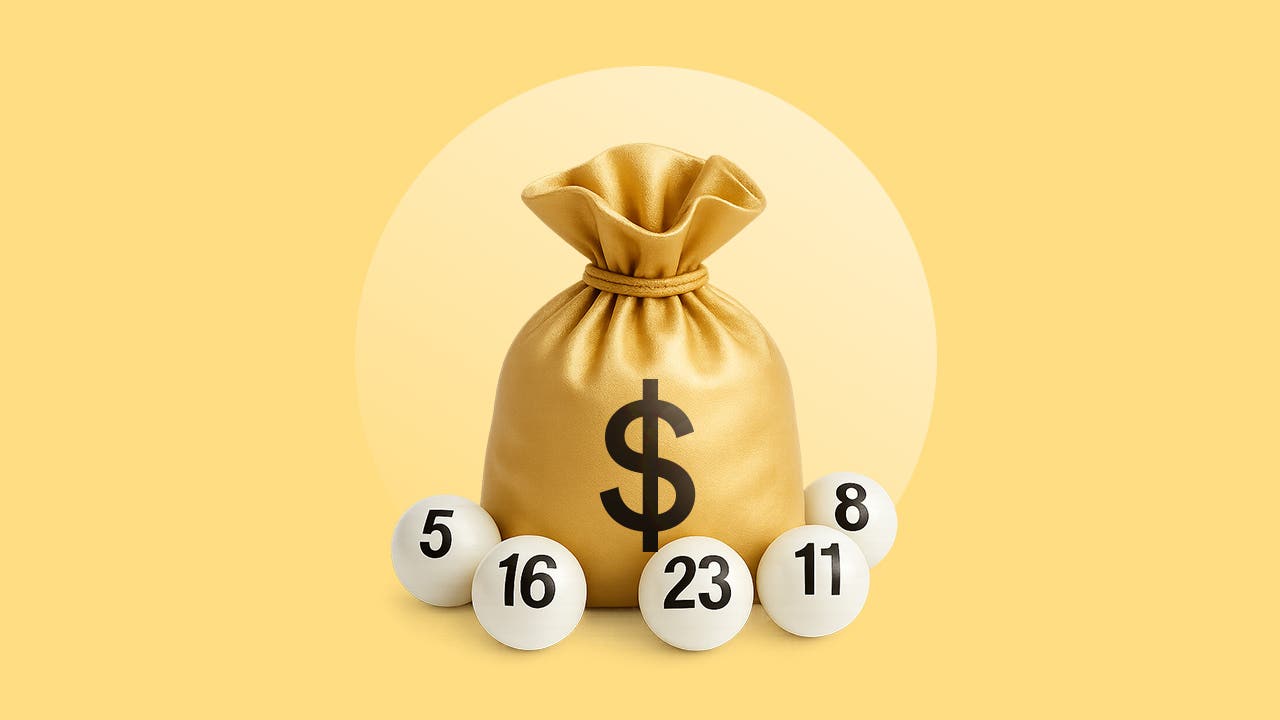 Bag with a dollar sign on it surrounded by five lottery drawing balls.