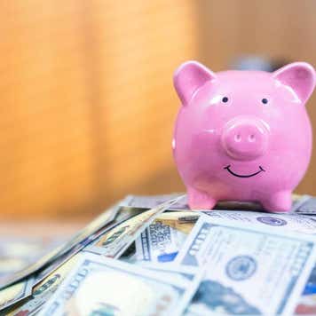 piggy bank on top of pile of cash