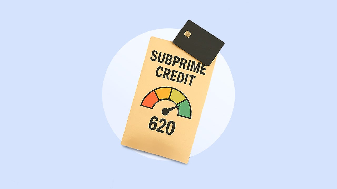Image of a credit card lying on top of a stylized credit score card that has Subprime Credit at the top of the score card and 620 at the bottom with a colored gauge (sections in red, orange, yellow, and green) in the middle. The indicator is pointing just in the green section.