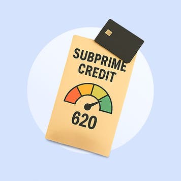 Image of a credit card lying on top of a stylized credit score card that has Subprime Credit at the top of the score card and 620 at the bottom with a colored gauge (sections in red, orange, yellow, and green) in the middle. The indicator is pointing just in the green section.
