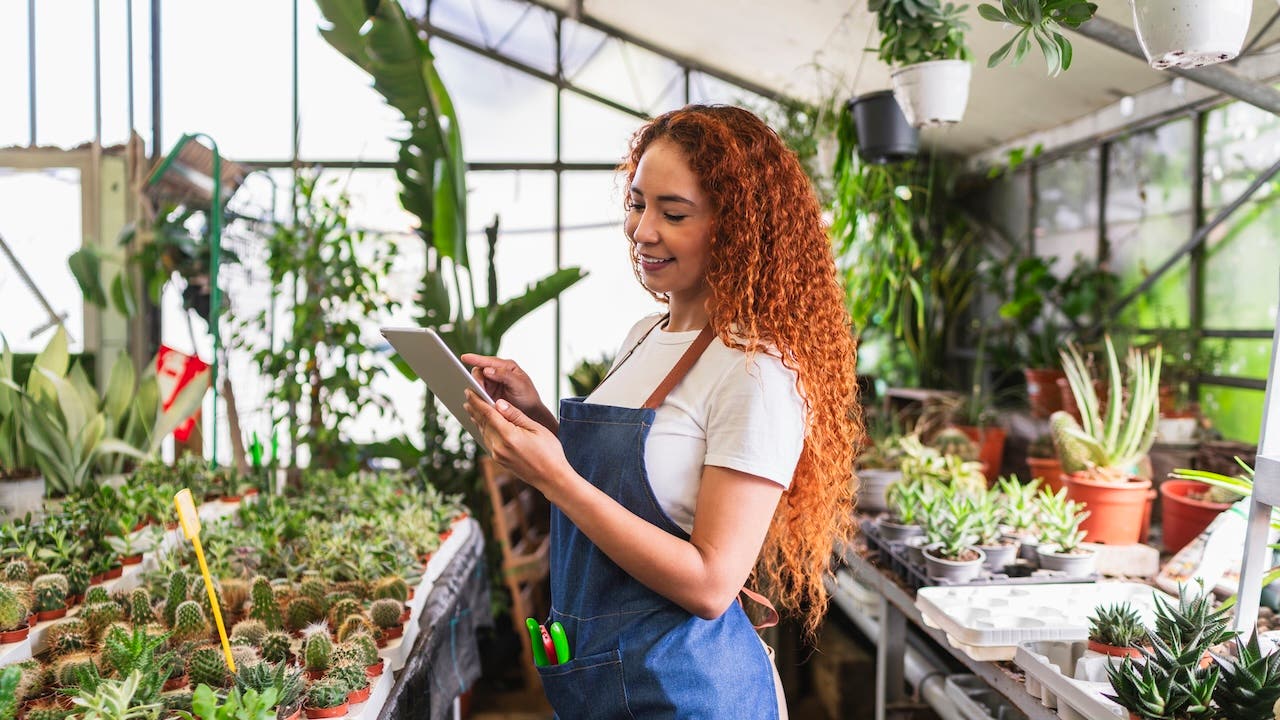 Woman working with digital tablet in plant nursery greenhouse