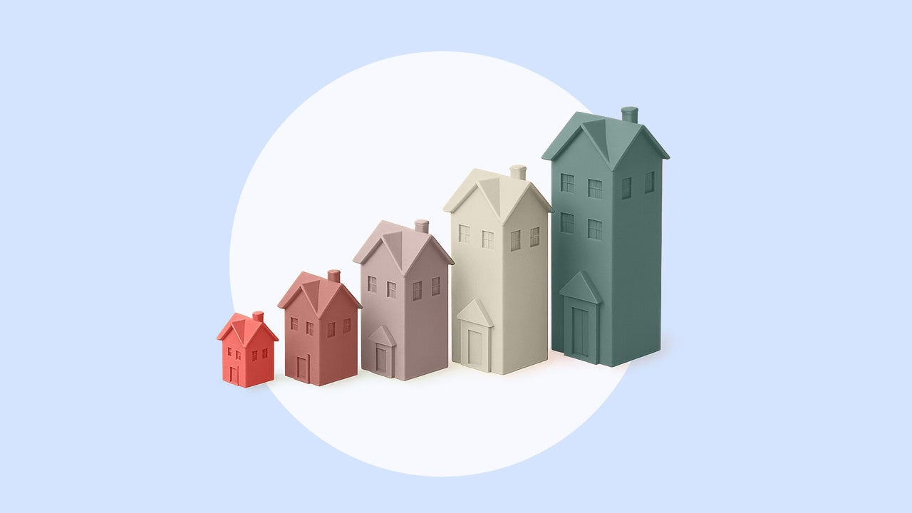 Image of five stylized houses in a row. The first house, on the left, is small and the houses get taller as they go to the right.
